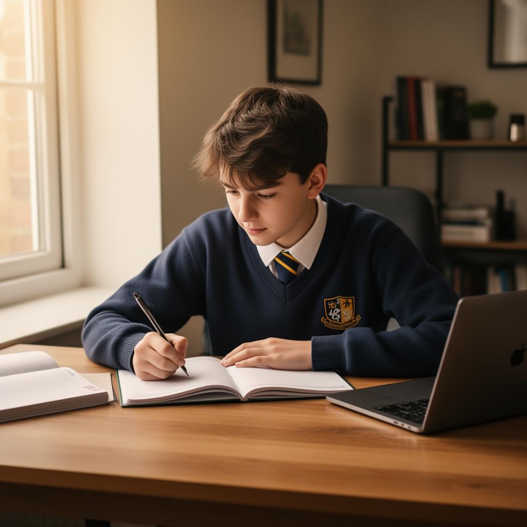 Leaving Cert student studying at a desk with notebook and laptop